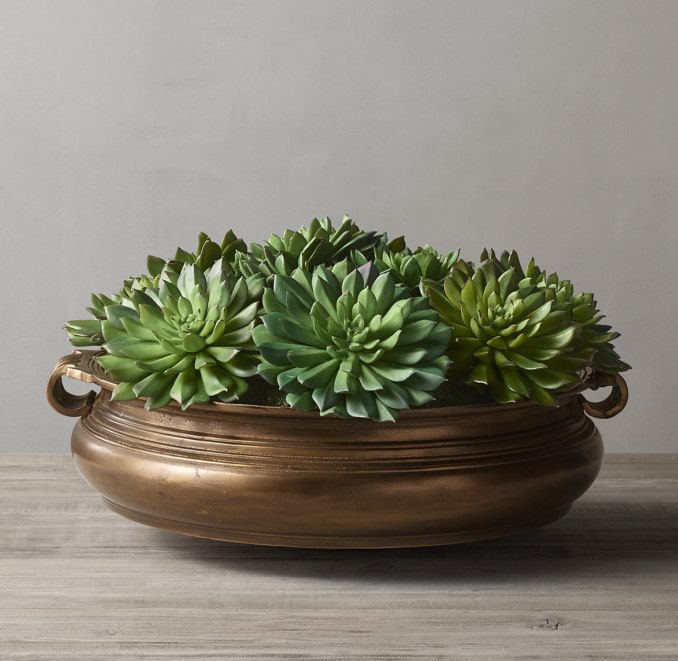 Front view of Faux Succulent Plant & 18Th C. Brass Indian Urli Bowl Vessel - Small 
