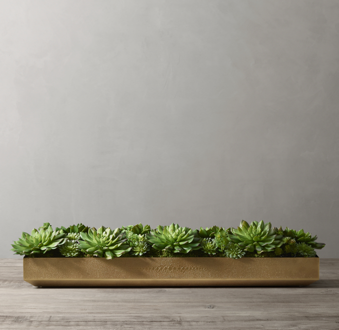 Front view of Faux Succulent Plant & Etched Brass Shagreen Trough