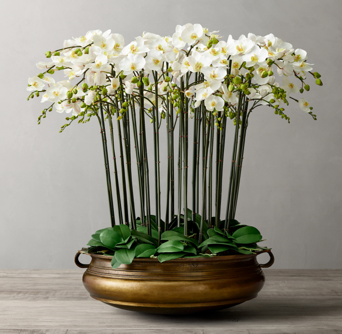 Faux Orchid Plant & 18th C. Brass Indian Urli Bowl Large