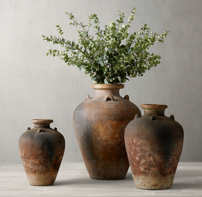 Front view of Eucalyptus Branch Arrangement & 19Th C. Portuguese Water  Vessel 