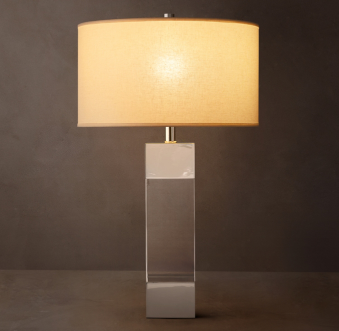 Shown in Polished Nickel with French Drum Linen Shade, size E, in White Linen and Frosted lining (sold separately).