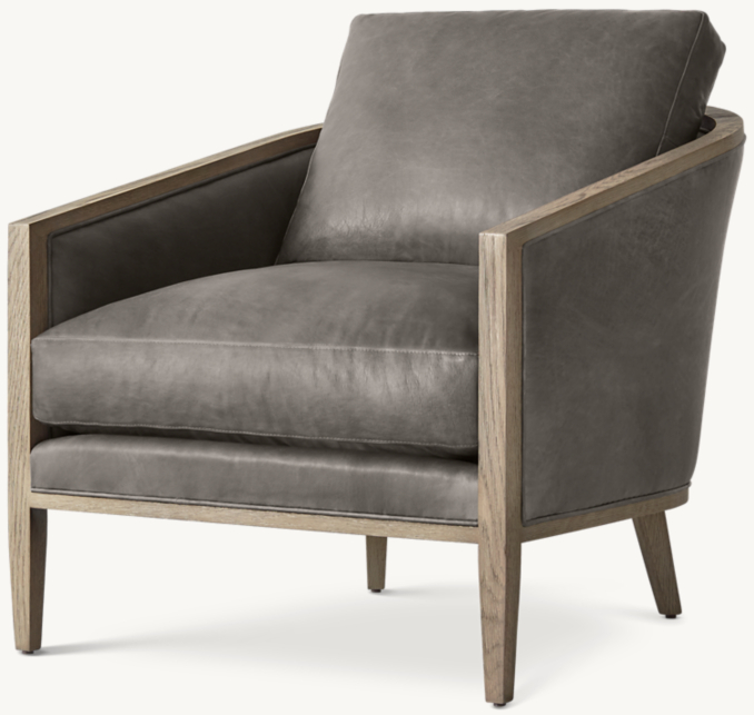 Three Quarter view of French Contemporary Barrelback Leather Chair 