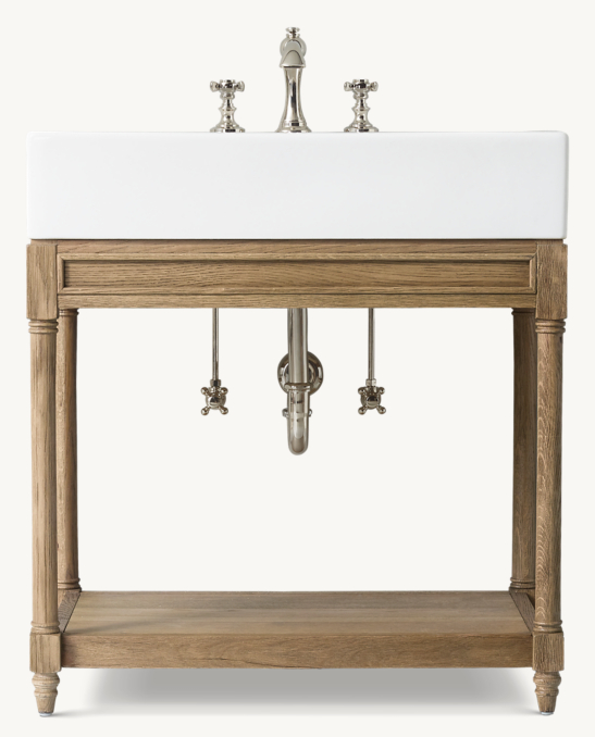 Front view of Weathered Oak Console Washstand 