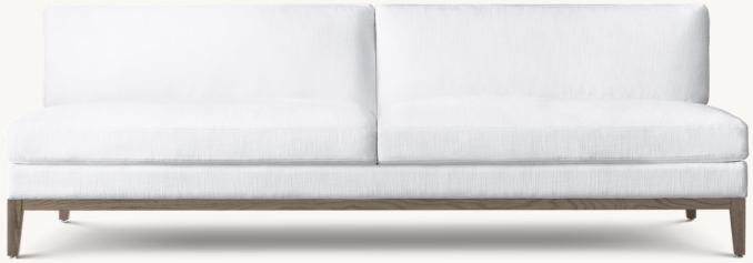 Shown in White Italian Textured Weave with Brushed Grey Oak finish. Cushion configuration varies by frame size.