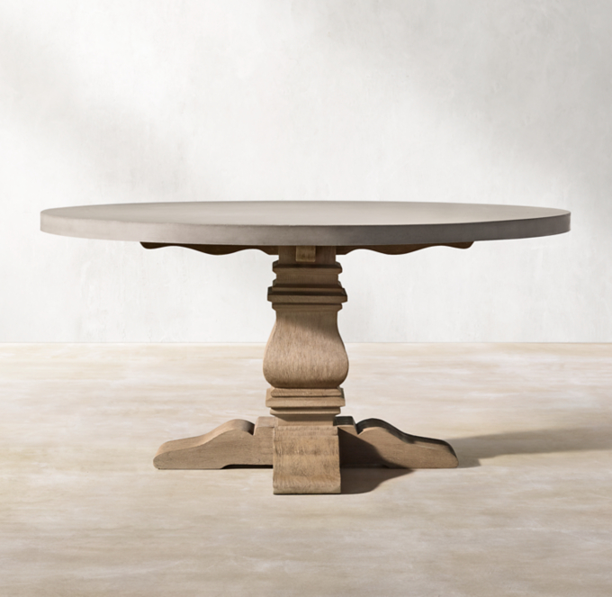 English Trestle Concrete & Teak Round Dining Table