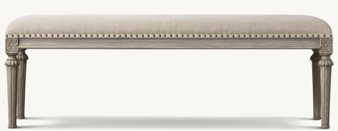 60&#34;W bench shown in Sand Belgian Linen with Antiqued Grey Oak finish.