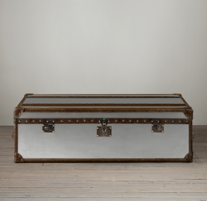 Restoration Hardware Brushed Steel & Leather Steamer Trunk/ Coffee Table