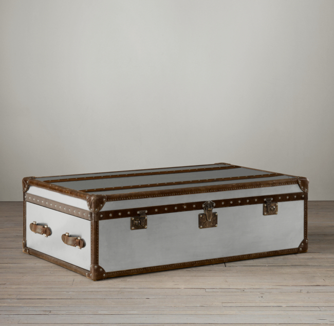 Restoration Hardware Brushed Steel & Leather Steamer Trunk/ Coffee Table