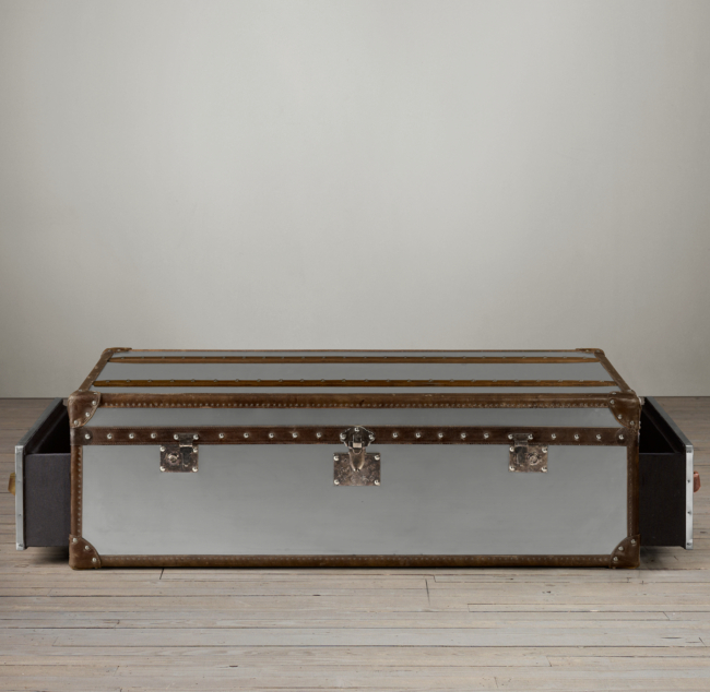 Restoration Hardware Brushed Steel & Leather Steamer Trunk/ Coffee Table