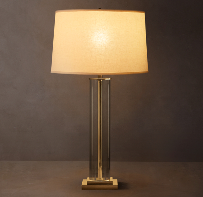 Shown in Lacquered Burnished Brass with Drum Linen Shade, size E (sold separately).