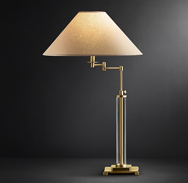 French Column Swing Arm Table Lamp, Rolland Warm Antique Brass And Crystal Column Table Lamp