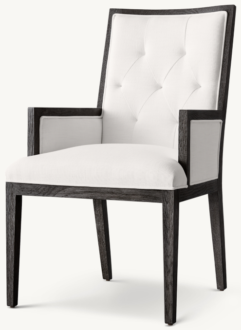 Three Quarter view of French Contemporary Tufted Square Fabric Closed Dining Armchair 