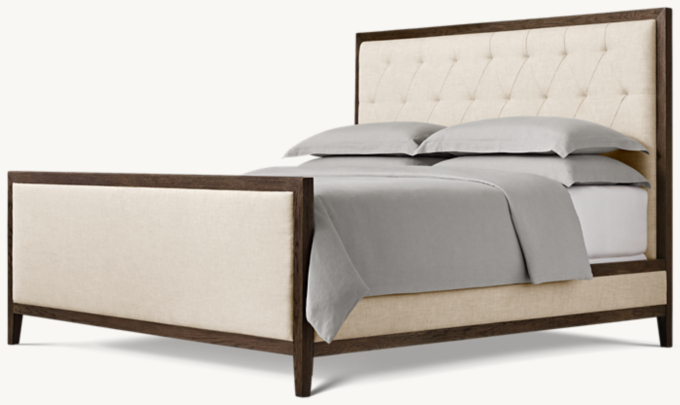 French Contemporary Fabric Diamond-Tufted Panel Bed with Footboard