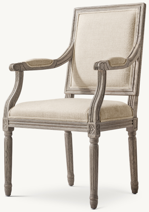 Three Quarter view of Vintage French Square Back Fabric Dining Armchair 