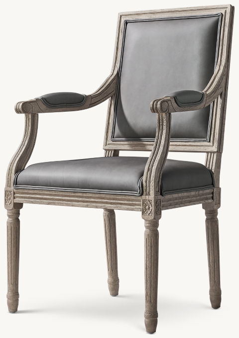 Three Quarter view of Vintage French Square Back Leather Dining Armchair 