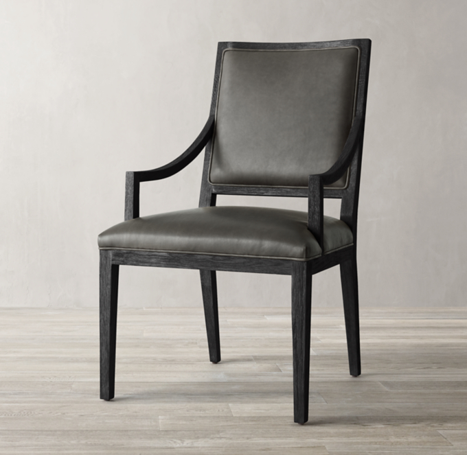 French Contemporary Square Leather Slope Dining Armchair