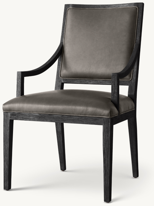 Three Quarter view of French Contemporary Square Leather Slope Dining Armchair 