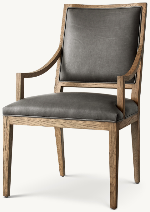 Three Quarter view of French Contemporary Square Leather Slope Dining Armchair 