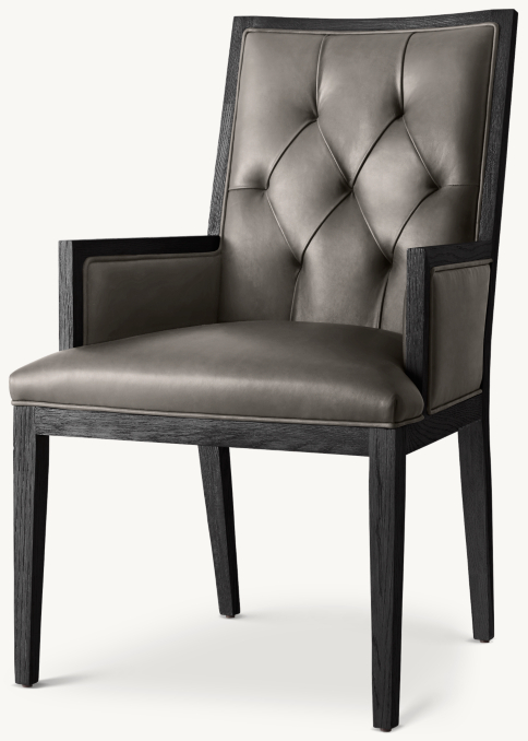 Three Quarter view of French Contemporary Tufted Square Leather Closed Dining Armchair 