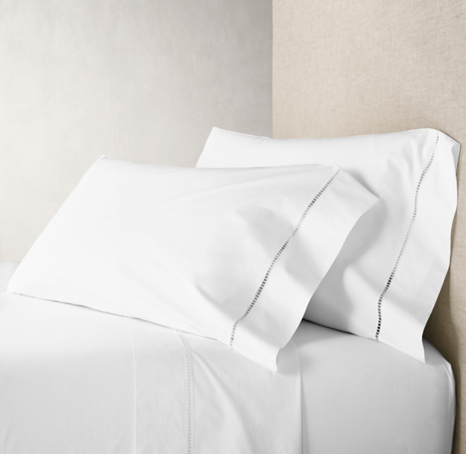 Front view of Italian Ladder Stitch Percale Sheet Set shown in White