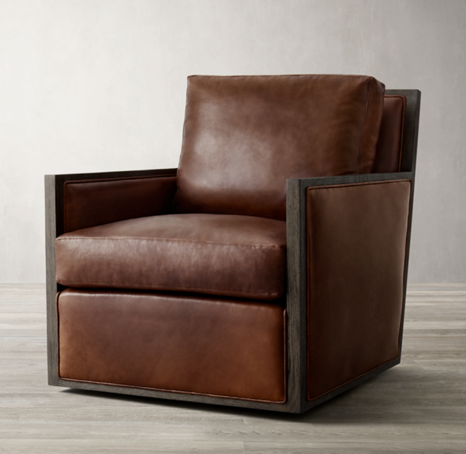 French Contemporary Track Arm Leather Swivel Chair