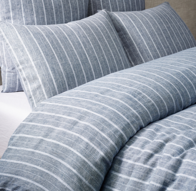 Front view of Chalk Stripe European Linen Duvet Cover shown in Indigo