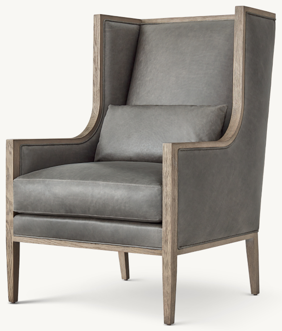 Three Quarter view of French Contemporary Slope Arm Wingback Leather Chair 