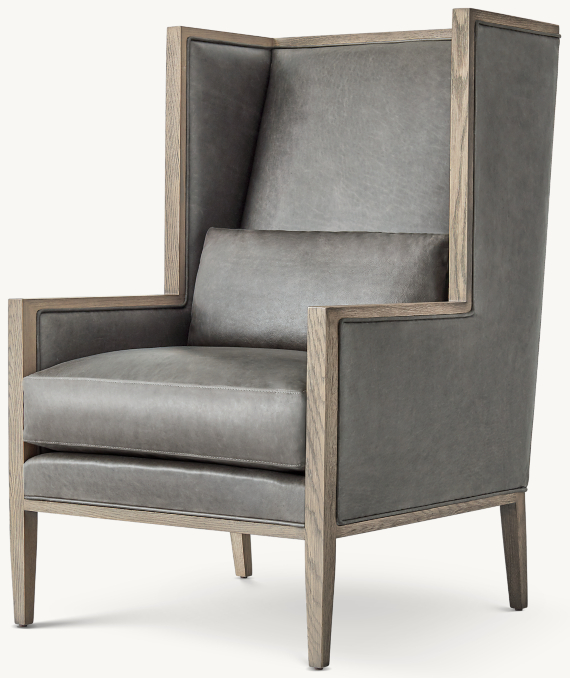 Three Quarter view of French Contemporary Track Arm Wingback Leather Chair 