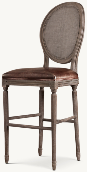 Three Quarter view of Vintage French Round Cane Back Leather Bar & Counter Stool 