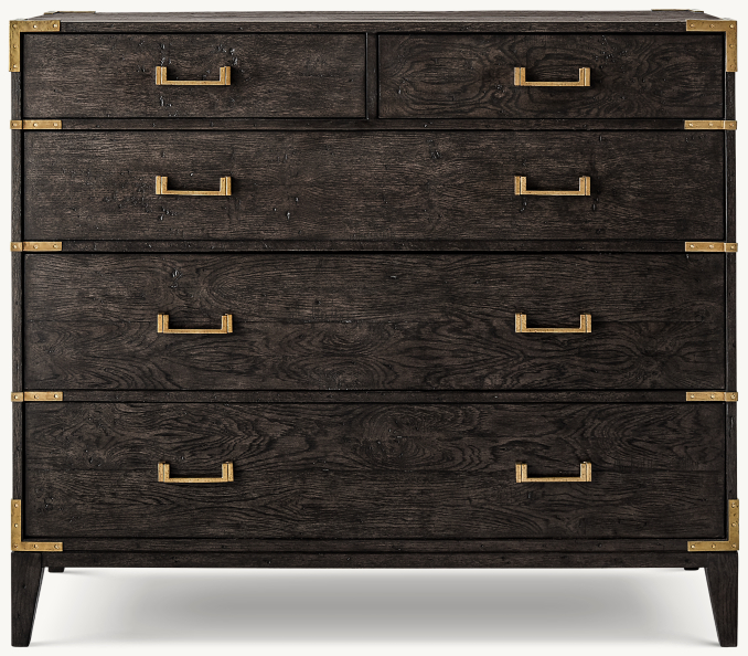 Vue de Face - Cayden Campaign - Commode à 5 Tiroirs Avec Équerres D'Angle - Chêne Noir Ciré/Laiton