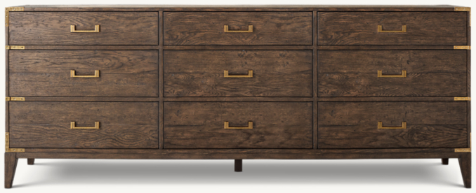 Front view of Cayden Campaign 9-Drawer Dresser With Corner Brackets 