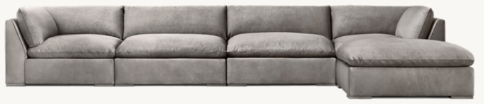 Shown in Italian Veneto Pewter; sectional consists of 2 corner chairs, 2 armless chairs and 1 end-of-sectional ottoman.