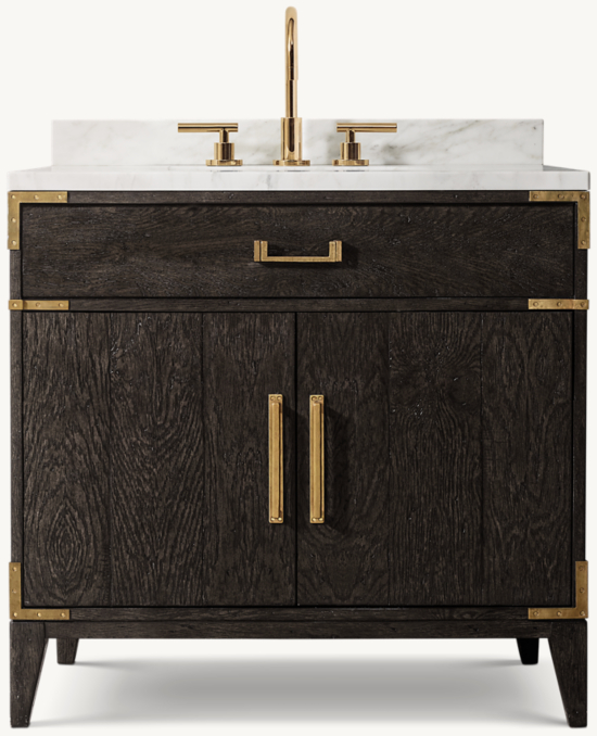 Shown in Waxed Black Oak/Brass with Italian Calacatta Marble countertop. Featured with Sutton Lever-Handle 8" Widespread Gooseneck Faucet.