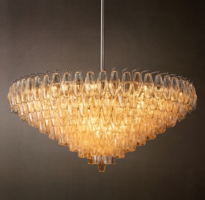 Vue de face - Chiara - Lustre rond à niveaux en verre transparent 37" - Nickel satiné/Verre transparent