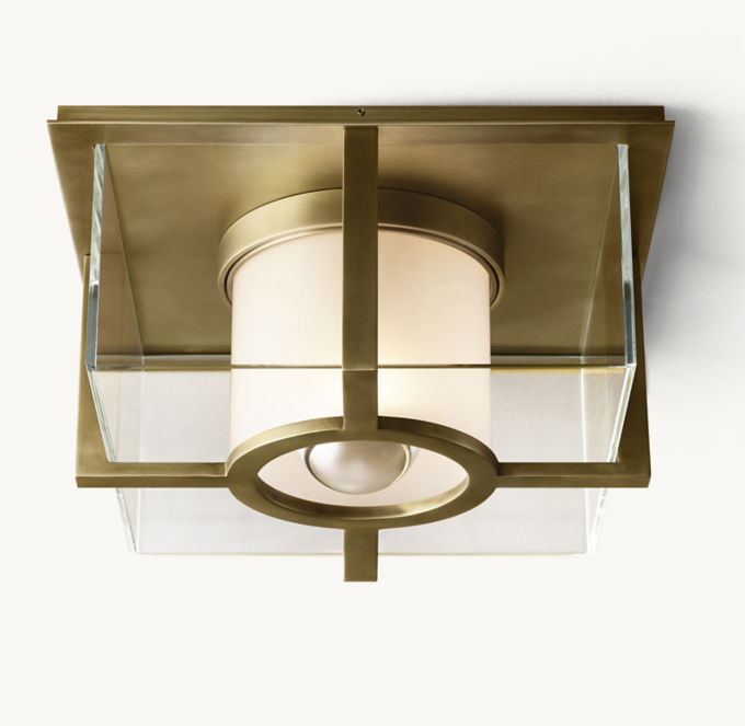 Shown in Lacquered Burnished Brass with frosted glass shade.