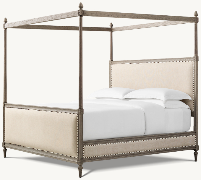 229cm H bed shown in Sand Belgian Linen with Antiqued Grey Oak finish.