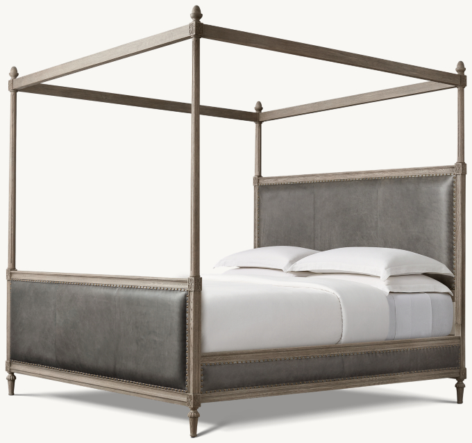 229cm H bed shown in Italian Berkshire Pewter with Antiqued Grey Oak finish.