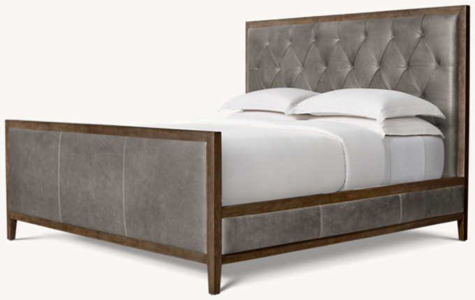 French Contemporary Leather Diamond-Tufted Panel Bed with Footboard
