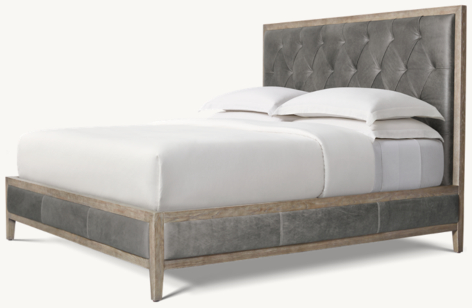French Contemporary Leather Diamond-Tufted Panel Bed