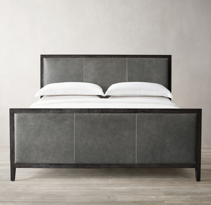 French Contemporary Leather Panel Bed with Footboard