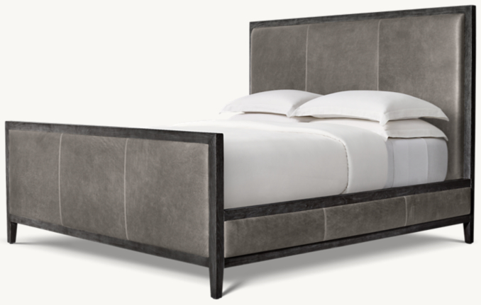 Three Quarter view of French Contemporary Leather Panel Bed With Footboard  