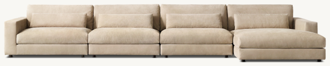 Shown in Italian Veneto Smoke; sectional consists of 1 left-arm chair, 2 armless chairs, 1 right-arm chair and 1 end-of-sectional ottoman. Cushion configuration varies by component.