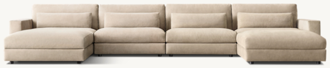 Shown in Italian Veneto Smoke; sectional consists of 1 left-arm chair, 2 end-of-sectional ottomans, 2 armless chairs, and 1 right-arm chair. Cushion configuration varies by component.
