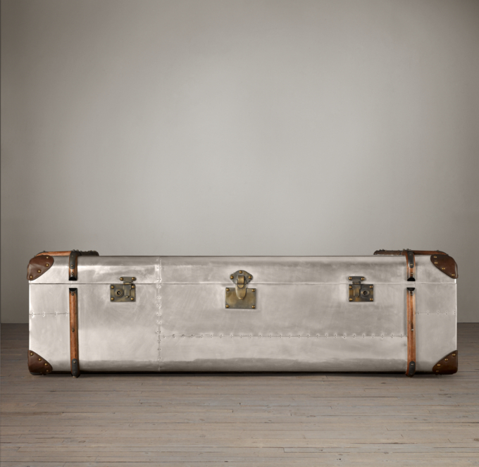 Restoration Hardware Brushed Steel and Leather Steamer Trunk/ Coffee Table