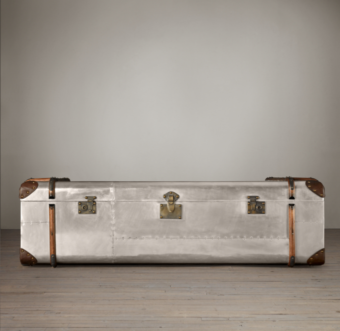 Restoration Hardware Brushed Steel & Leather Steamer Trunk/ Coffee Table