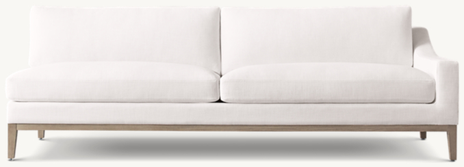 Shown in White Italian Textured Weave with Brushed Grey Oak finish. Cushion configuration varies by frame size.