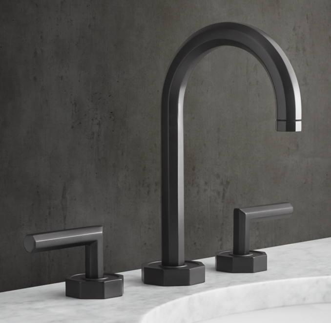 Three Quarter view of Lambeth Faceted Lever-Handle 8" Widespread Gooseneck Faucet 