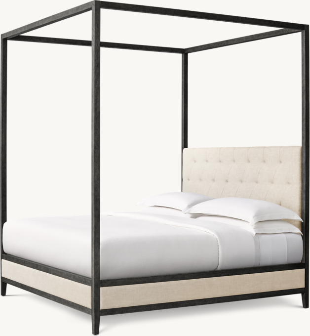 French Contemporary Fabric Diamond-Tufted Panel Canopy Bed
