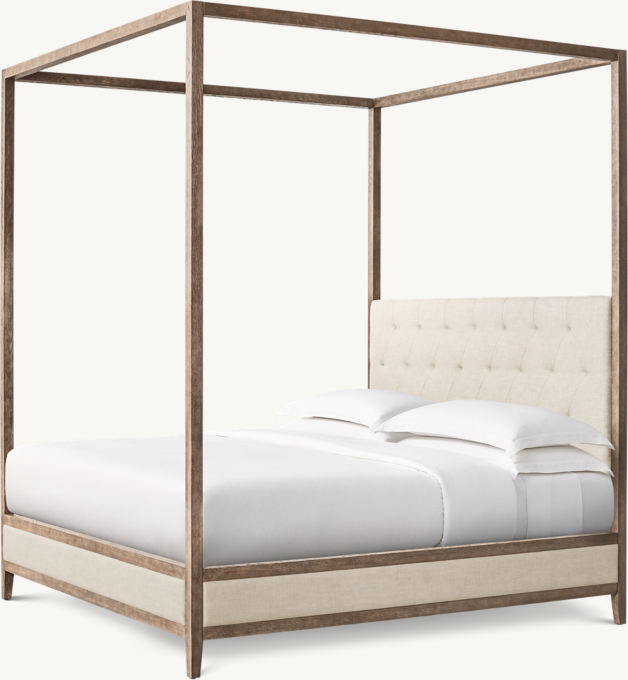 French Contemporary Fabric Diamond-Tufted Panel Canopy Bed