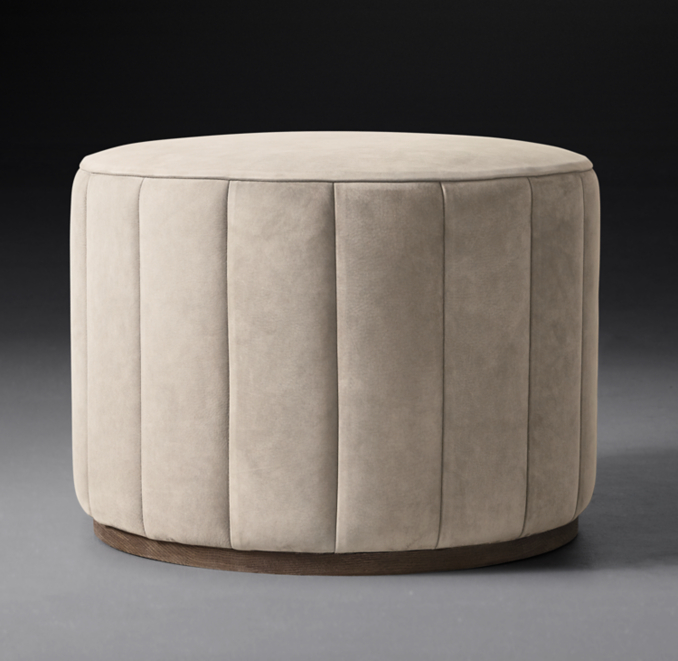 Rex Channel-Tufted Round Leather Ottoman - Oak Base